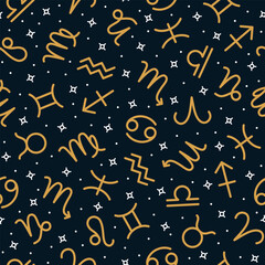 Wall Mural - Golden zodiac signs seamless pattern, horoscope symbols repeating print on dark blue background for fabric, packaging, wrapping paper design. Astrology, esoteric, celestial signs vector illustration