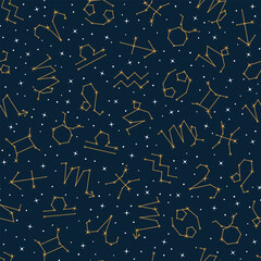 Wall Mural - Golden zodiac constellations seamless pattern on night sky background. Astrological, horoscope symbols, constellations of sparkling stars vector illustration