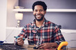 Technician portrait, man and fixing electronics of computer hardware, soldering iron tools or tech repair. Maintenance, magnifying glass or electrical fix for happy African male working on technology