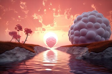 Poster - surreal float landscape with surreal sunrise, sun peeking over the horizon, created with generative ai