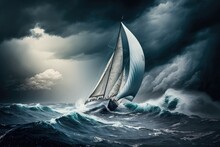 Large Yacht Sailing In A Storm With Sails Tautly Set, Created With Generative Ai