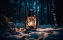 Burning Vintage Lantern In Winter Night Forest. Generative AI