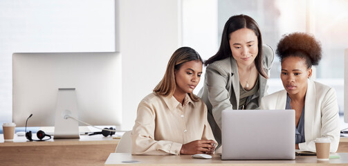 Poster - Business women, laptop and team with training, diversity and website development at digital marketing agency. Group of people, mentor with learning and review with analysis, technology and internet