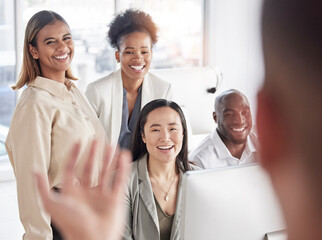Poster - Startup group, coach and training by computer with teamwork, diversity or smile at workshop. Black man, women and listen to coaching for advice, goals or happy for learning, development and career