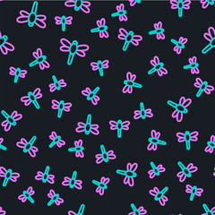 Line Dragonfly icon isolated seamless pattern on black background. Vector