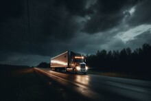 A Semi Truck Driving Down A Highway Under A Cloudy Sky With Lights On It's Headlights And A Dark Sky With Clouds Above It, And A Dark, With A White And Orange Light, Generative Ai