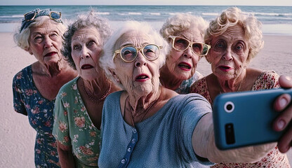 Grandmothers taking a selfie at the beach.  Senior people with glasses trying to take a selfie. Generative AI