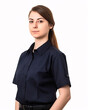 Young Female Retail Worker in Uniform Standing on White Background