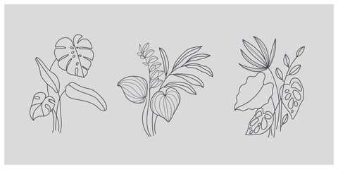 minimal botanical summer graphic sketch line art drawing, trendy tiny tattoo design, leaf elements vector illustration