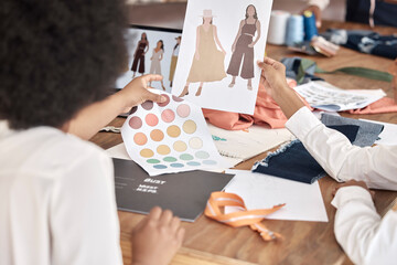 Aufkleber - Fashion, designer sketch and team collaboration on project, illustration or paper at a desk in office. Creative women, hands and teamwork on planning, discussion and drawing a design for clothes idea