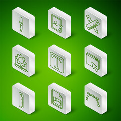 Poster - Set line Bezier curve, Picture landscape, Pipette, Text, Laptop gear, Graphic tablet, Ruler and Web design development icon. Vector