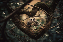 A Couple Of Birds Sitting On A Heart Shaped Branch, Generative AI
