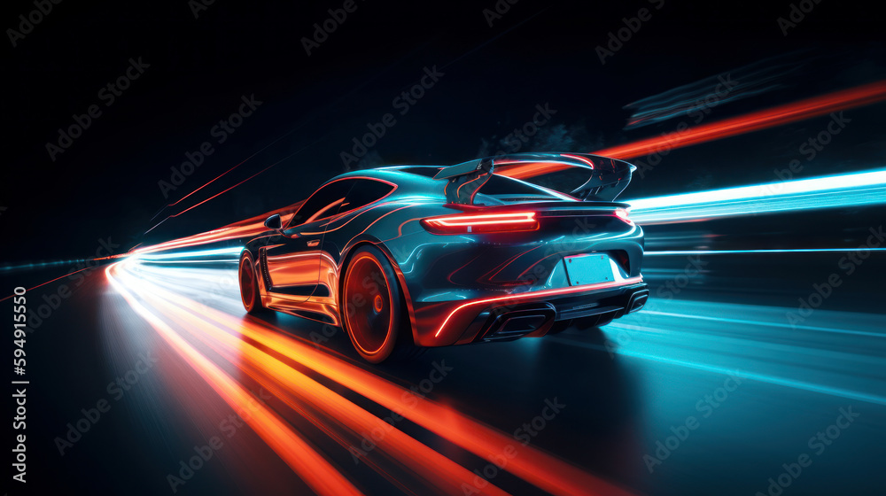 Futuristic Sports Car On Neon Highway. Powerful acceleration of a ...