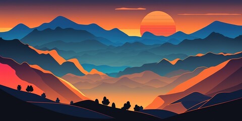 Wall Mural - The hills and mountains are blue, while the sunset is orange. Generative AI