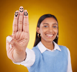 Sticker - Smiley, fingers and portrait of indian woman in studio for art, expression and fun on gradient yellow background. Hands, art and drawing by girl smile, excited and content with emoji, gesture or face