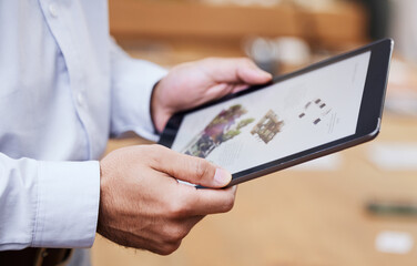 Poster - Tablet screen, man hands and online architect design on a software app for digital designer. Industrial, illustration and graphic work of a building developer with tech and construction for job
