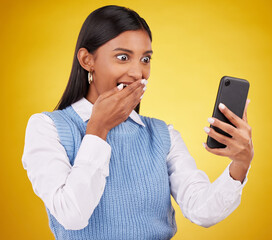 Aufkleber - wow, surprise and woman with phone in studio space reading text or email on yellow background. techn