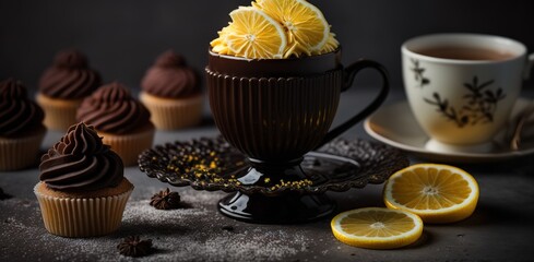 Wall Mural - A cup of black tea with lemon sits in the center of a tray of freshly made mini cupcakes and decorative items on a tray of ice. Generative AI