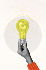 vertical collage image of black white colors arm fingers hold light bulb isolated on painted white b