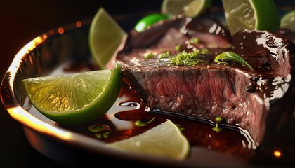 Wall Mural - Lime with grilled beef, close up Generative AI