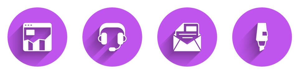 Poster - Set Graph chart infographic, Headphones, Mail and e-mail and Marker pen icon with long shadow. Vector