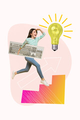 Poster - Poster banner template collage of inspired happy girl manager working long hours on computer find finally great idea step staircase up