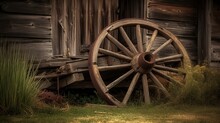 An Old Rusted Wagon Wheel Leaning Against A Wooden Barn