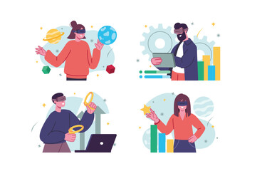 Aufkleber - Set concept Metaverse with people scene in the flat cartoon design. People enter the virtual space with the help of digital gadgets and VR glasses. Vector illustration.