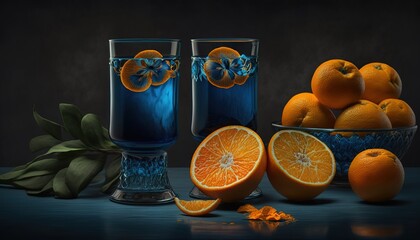 Sticker - Mandarin orange slices with blue juice. Generative AI