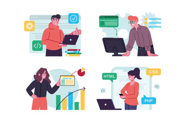 Poster - Set concept Software developers with people scene in the flat cartoon design. Team of programmers is working on improving the software. Vector illustration.