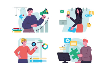 Poster - Digital marketing set concept with people scene in the flat cartoon design. Marketers work online, transferring their work to the Internet. Vector illustration.