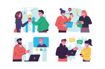 Aufkleber - Teamwork set concept with people scene in the flat cartoon design. Young creative people joined their efforts to implement cool ideas together. Vector illustration.