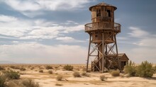 Old Wooden Water Tower In The Middle Of A Western Desert