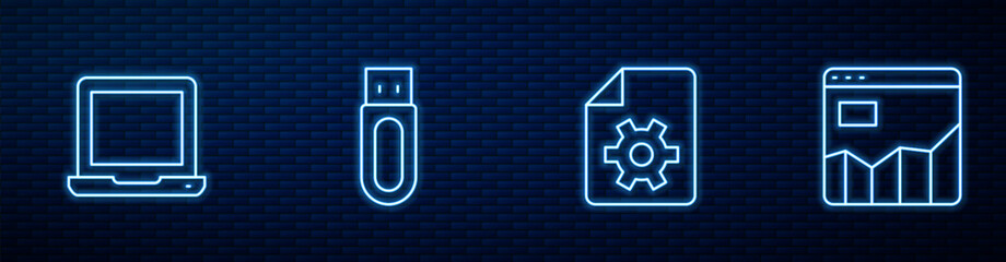 Poster - Set line Document settings, Laptop, USB flash drive and Graph chart infographic. Glowing neon icon on brick wall. Vector