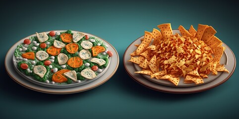 Wall Mural - Crispy snacks and fresh produce on platters Generative AI