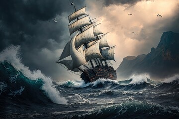 Wall Mural - sailing ship in rough sea with waves sailing in a storm, created with generative ai