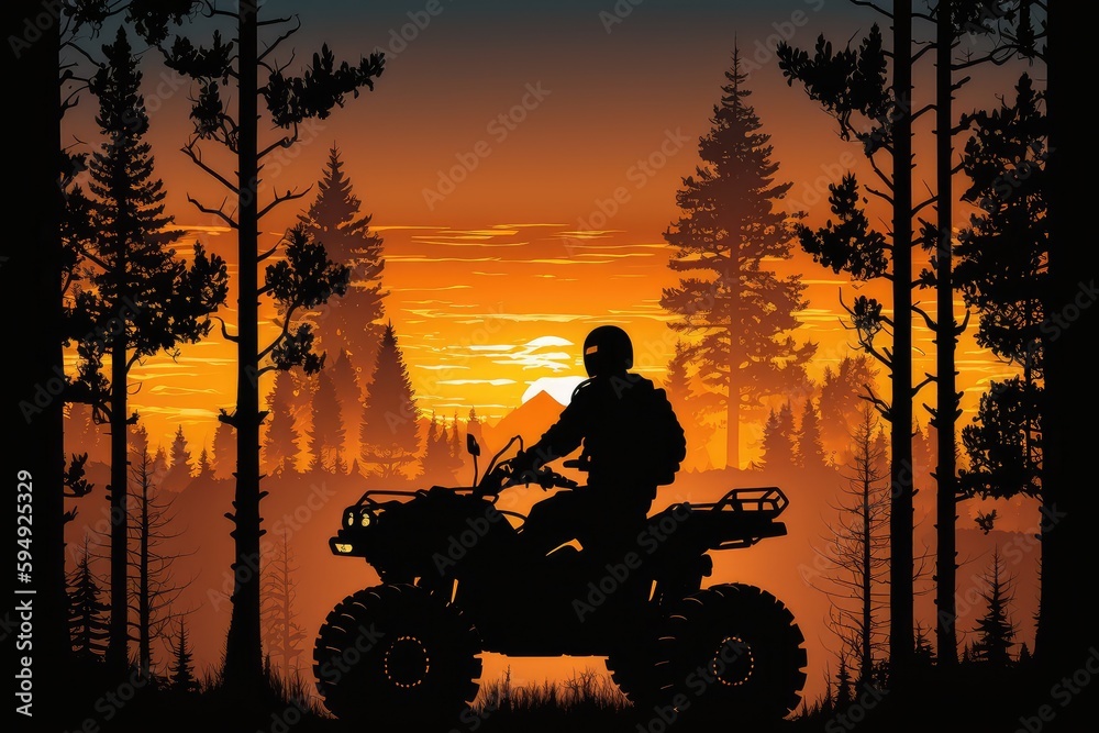 atv with view of sunset over the forest, with silhouetted trees ...