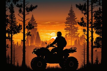 Sticker - atv with view of sunset over the forest, with silhouetted trees, created with generative ai