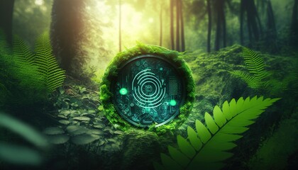 Fototapete - Green woodland backdrop with technology symbol, ecology, and environmental theme. Generative AI