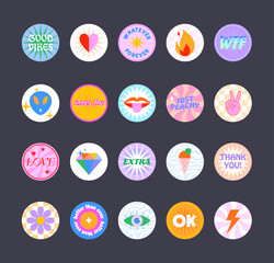 Wall Mural - Bundle of insta highlights covers in 90s style.Fun cute patches and stickers.Modern IG icons or symbols in y2k aesthetic with text.Trendy groovy designs for social media marketing.