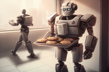 Poster - robot assistant carrying tray of pastries and coffee to office break room, created with generative ai