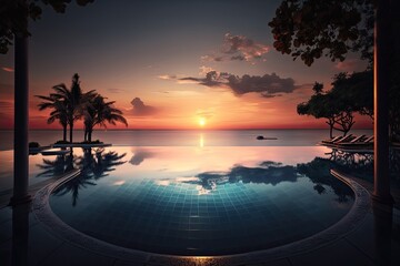 Sticker - swimming pool, with view of sun setting over the horizon, in tropical paradise, created with generative ai