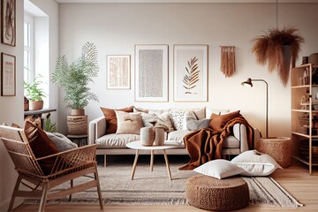 Sticker - scandi-boho living room with minimalist furniture and warm, natural textures, created with generative ai