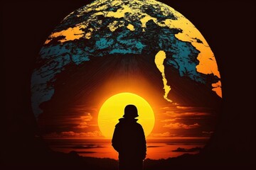 Canvas Print - a silhouette of a person watching the sun rise over a globe, created with generative ai