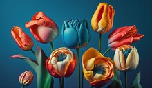 Vivid Tulips Arranged Against A Blue Background Generative AI