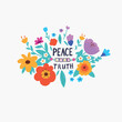 Peace and Love lettering , hippie slogan in hand drawn flower frame