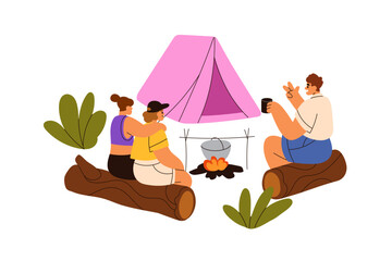 friends relaxing, talking at bonfire, campfire at camping. happy people campers speaking at fire, ca