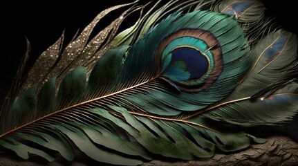 Fototapete - Feather of a peacock, blue and green Generative AI