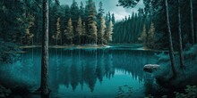 The Lake Has Blue Water And Is Surrounded By Pine Trees. Generative AI