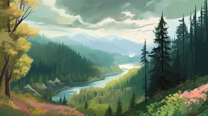 magical landscape of mountains with forest and river in bright colors. generative ai